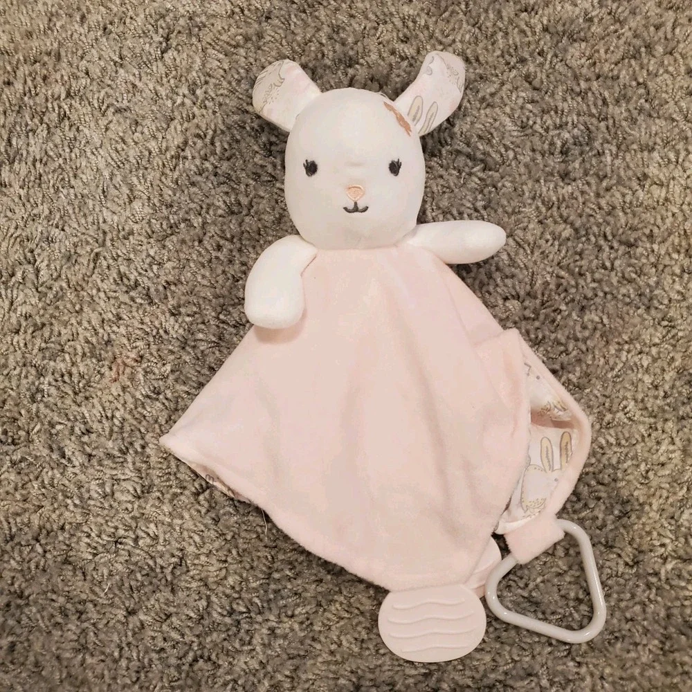 Modern Baby Pink White Bunny Rabbit Lovey Security Blanket Rattle Teether Floral